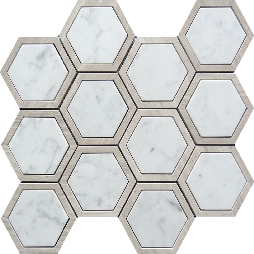 Bianco Carrara, Wooden Grey 12x14 Polished Hexagon Marble Mosaic Tile (5 pack, 5.48 sq ft/case)