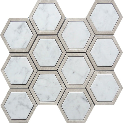 Bianco Carrara, Wooden Grey 12x14 Polished Hexagon Marble Mosaic Tile (5 pack, 5.48 sq ft/case)