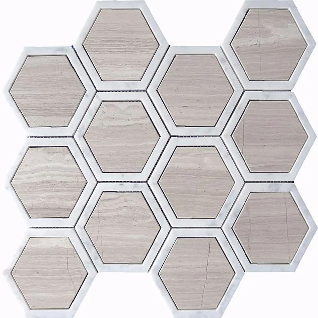 Wooden Grey, Bianco Carrara 12x14 Polished Hexagon Marble Mosaic Tile (5 pack, 5.48 sq ft/case)