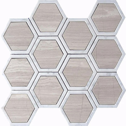 Wooden Grey, Bianco Carrara 12x14 Polished Hexagon Marble Mosaic Tile (5 pack, 5.48 sq ft/case)