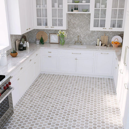 Wooden Grey, Bianco Carrara 12x14 Polished Hexagon Marble Mosaic Tile (5 pack, 5.48 sq ft/case)