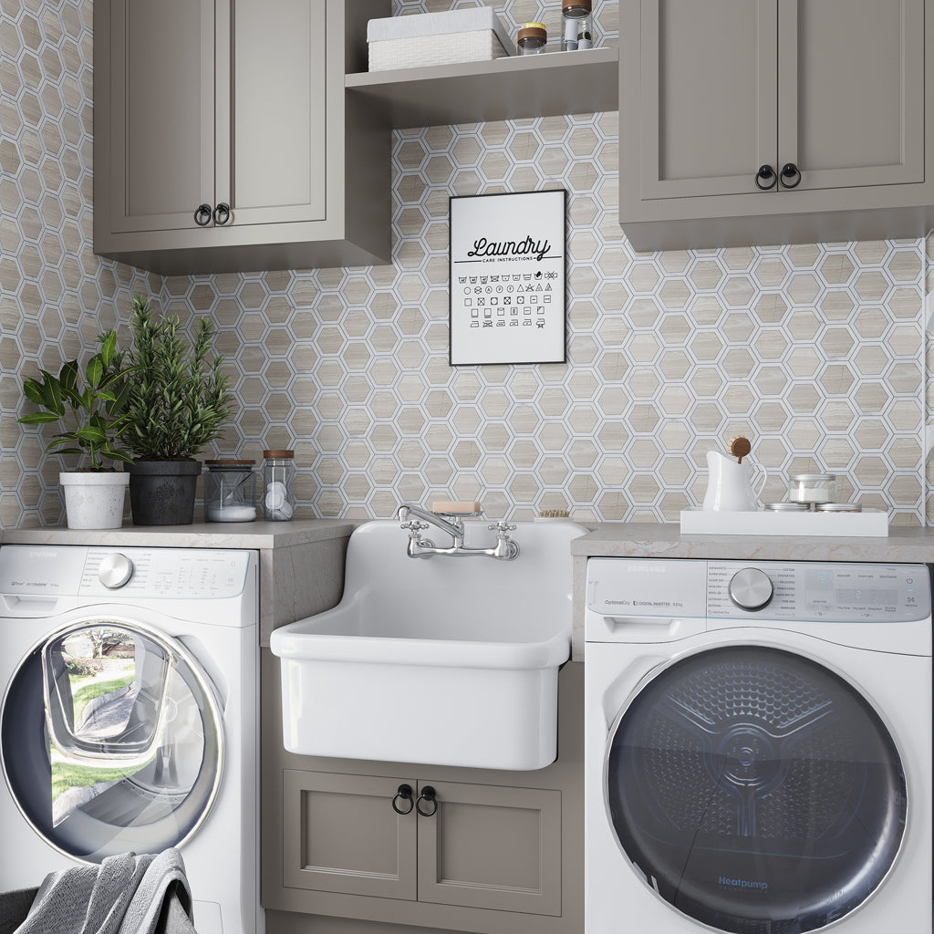 Wooden Grey, Bianco Carrara 12x14 Polished Hexagon Marble Mosaic Tile (5 pack, 5.48 sq ft/case)