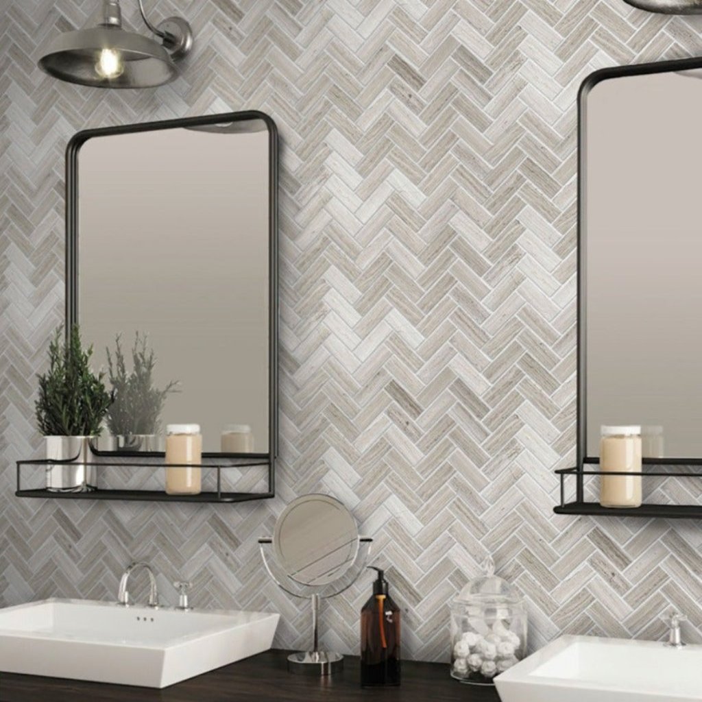 Wooden Grey 12x12 Polished Herringbone Marble Mosaic Tile (5 pack, 5.29 sq ft/case)