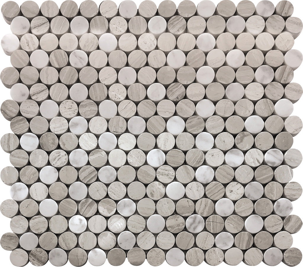 Wooden Grey Eastern White 11x12 Polished Penny Round Marble Mosaic Tile (5 pack, 4.83 sq ft/case)