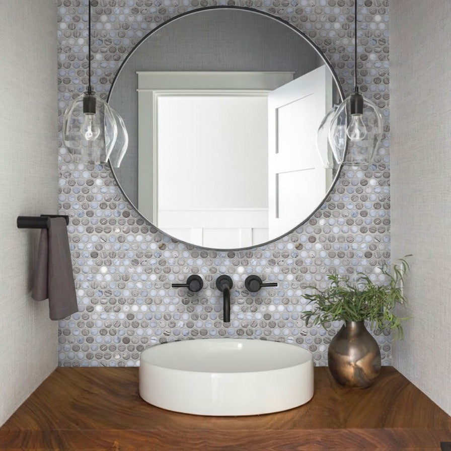 Wooden Grey Eastern White 11x12 Polished Penny Round Marble Mosaic Tile (5 pack, 4.83 sq ft/case)