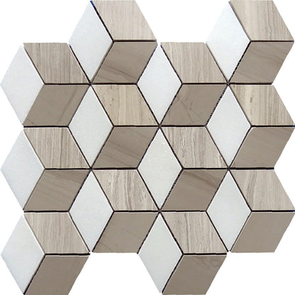 Thassos White Wooden Beige Athens Grey 12x14 Polished Hexagon Marble Mosaic Tile (5 pack, 5.525 sq ft/case)