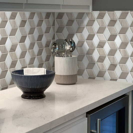 Thassos White Wooden Beige Athens Grey 12x14 Polished Hexagon Marble Mosaic Tile (5 pack, 5.525 sq ft/case)