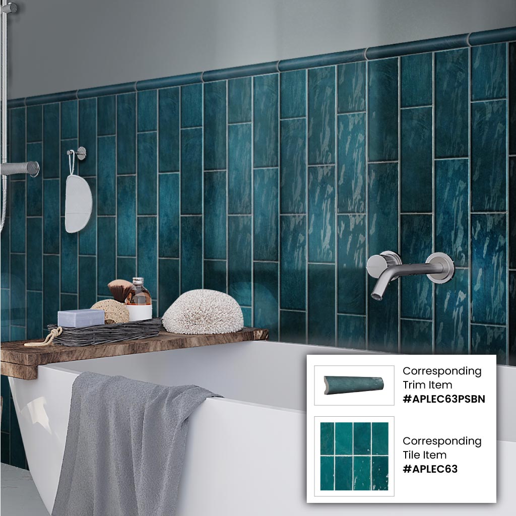 Teal Green 1x8 Glossy Ceramic Bullnose Tile Trim (10 pack, 0.556 sq ft/case)