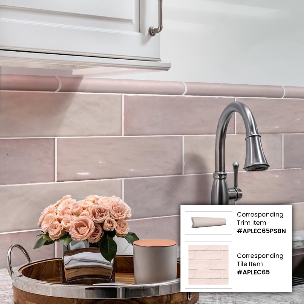 Soft Pink 1x8 Glossy Ceramic Bullnose Tile Trim (10 pack, 0.556 sq ft/case) - Sample