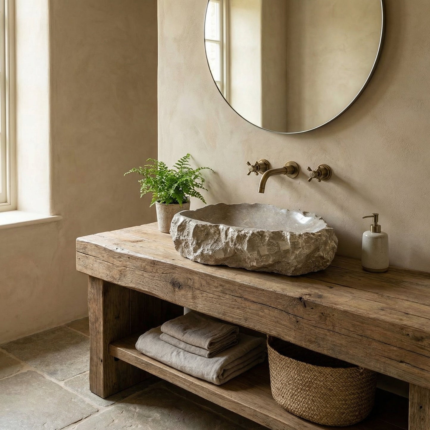 Bathroom with wooden vanity, stone sink, and round mirror. Seagrass Fossil Limestone Rustic Natural Stone Vessel Sink (W)16" (L)20" (H)5"