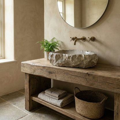 Bathroom with wooden vanity, stone sink, and round mirror. Seagrass Fossil Limestone Rustic Natural Stone Vessel Sink (W)16" (L)20" (H)5"