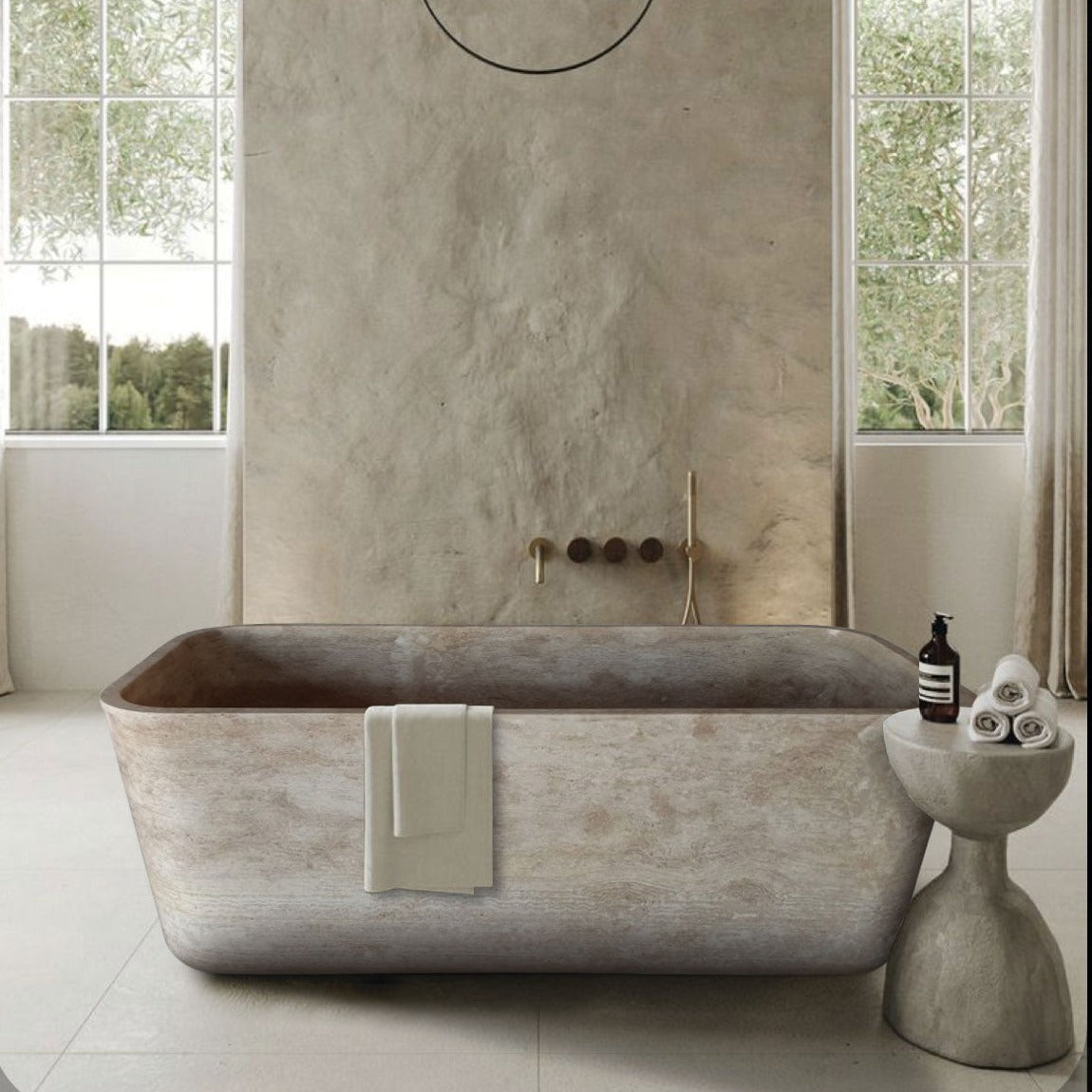 Silver Beige Naturel Stone Rectangular Shape Hand-Carved Unique Travertine Bathtub (W)32" (L)60" (H)22"