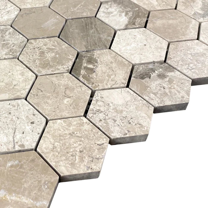 Silver Shadow Marble 2" Hexagon on 12" x 12" Mesh Mosaic Tile