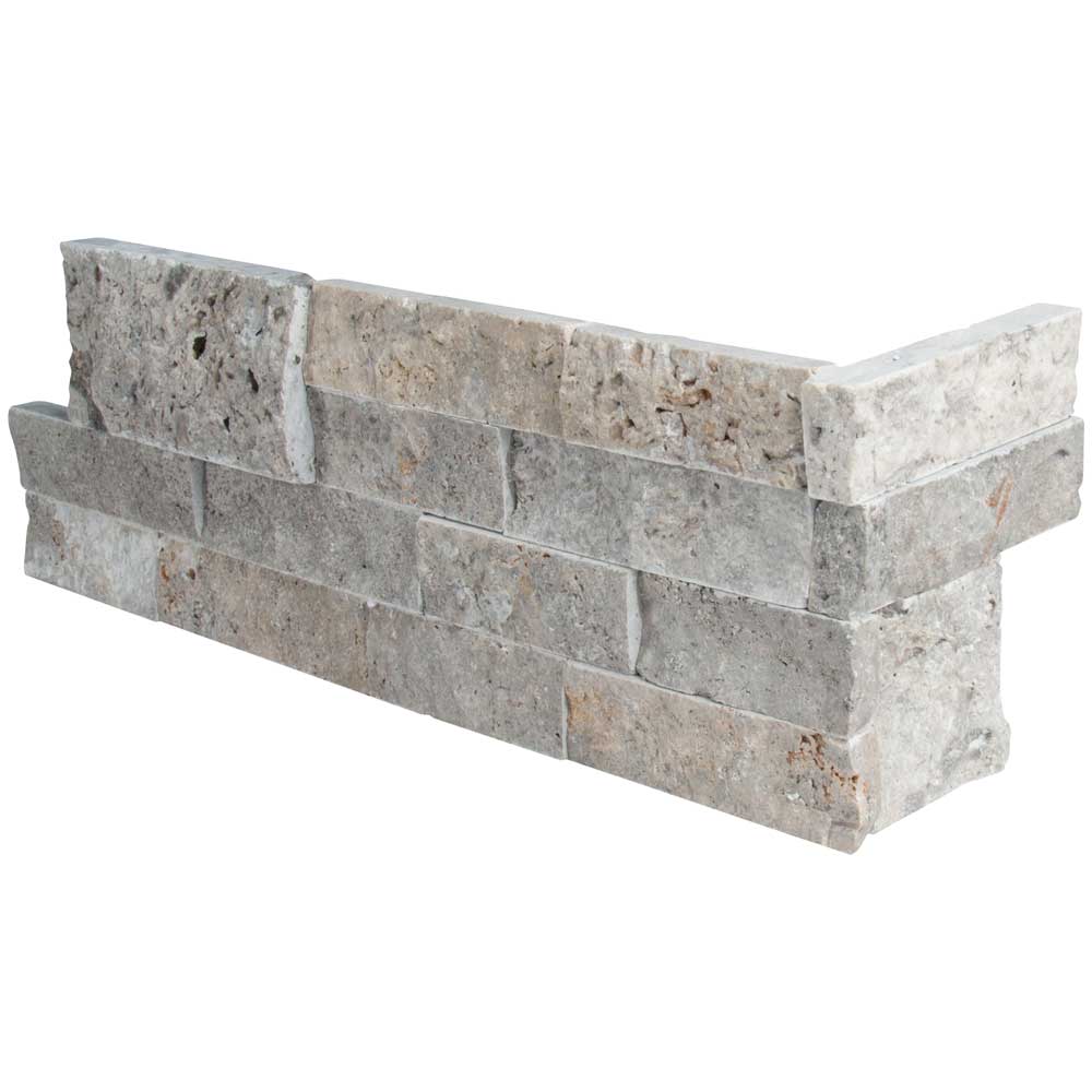 Silver splitface ledger corner 6X18 natural travertine wall tile LPNLTSIL618COR product shot multiple tiles close up view