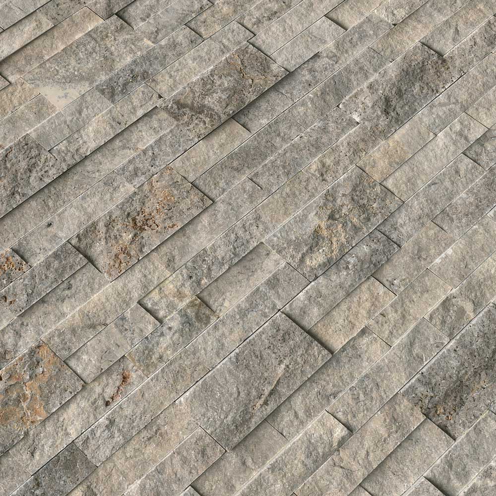 Silver splitface ledger panel 6X24 natural travertine wall tile LPNLTSIL624 product shot multiple tiles angle view