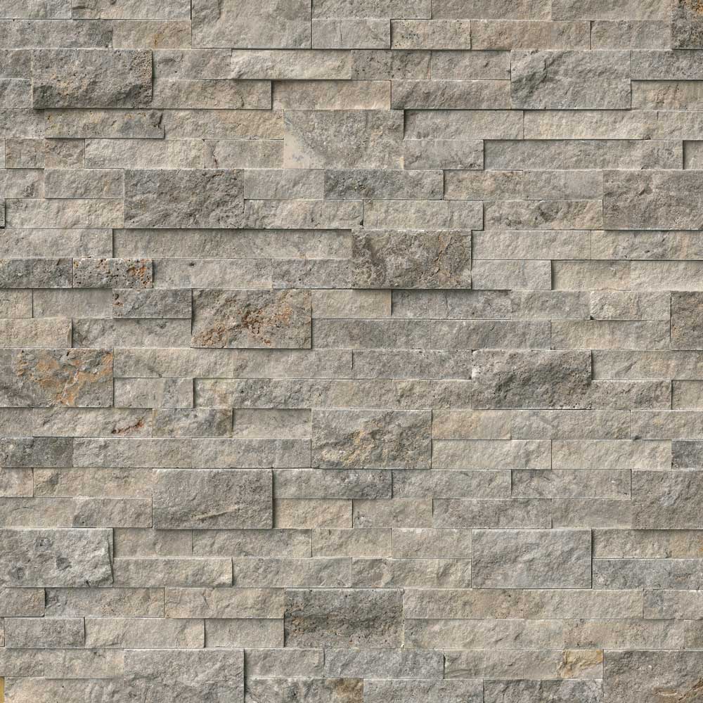 Silver splitface ledger panel 6X24 natural travertine wall tile LPNLTSIL624 product shot multiple tiles top view