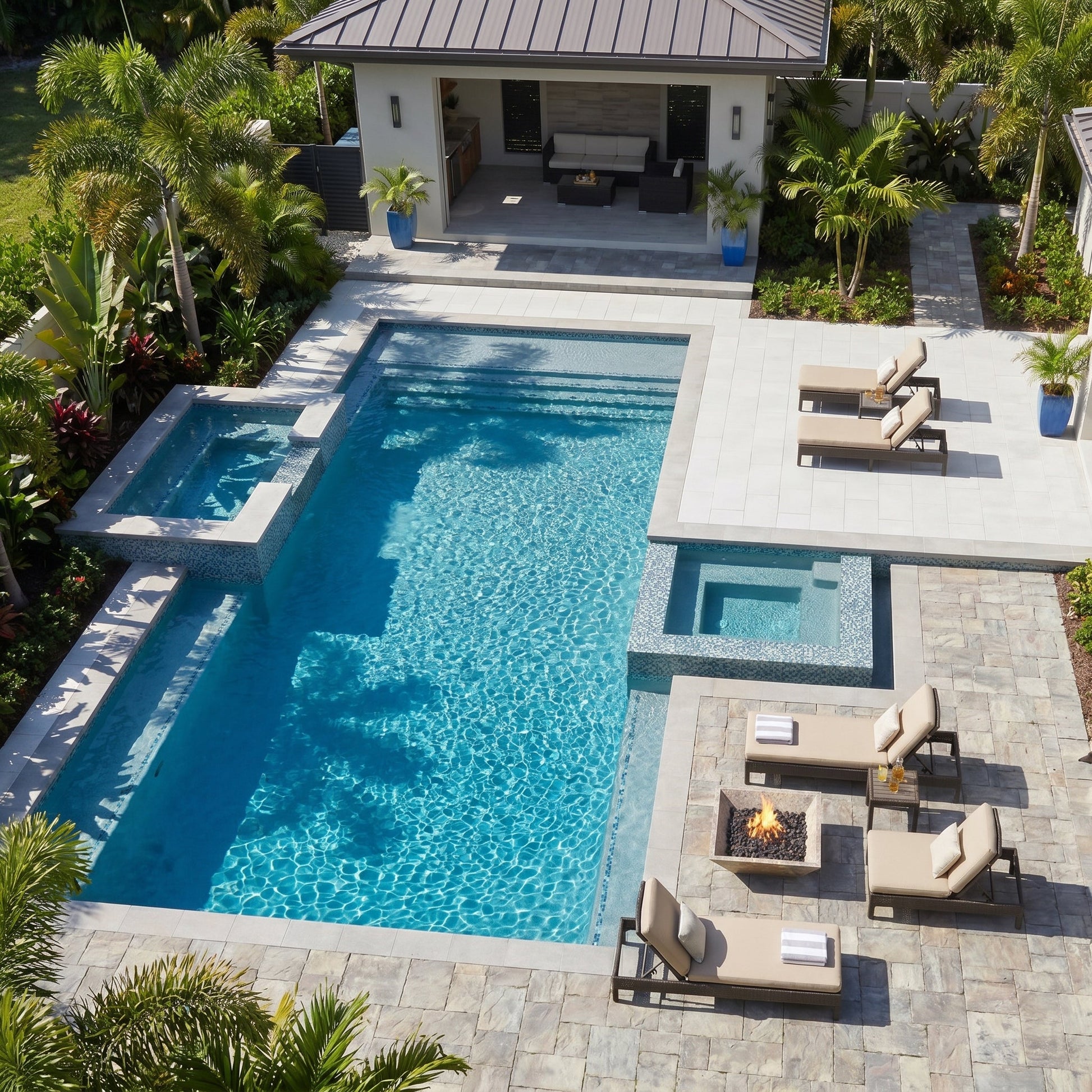 A luxurious pool area with lounge chairs, a fire pit, and a modern house in the background. Silver Travertine Natural Stone Fire Pit – 24" x 24" x 8"