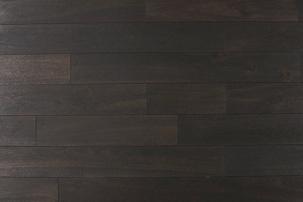 "Photo of Indo Acacia Wirebrushed Solid Hardwood Flooring in Simply Black. Each plank is 3/4 x 4.75 inches. SKU: TRPSH-IASB."