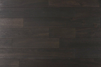 "Photo of Indo Acacia Wirebrushed Solid Hardwood Flooring in Simply Black. Each plank is 3/4 x 4.75 inches. SKU: TRPSH-IASB."