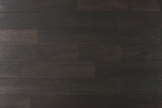 "Photo of Indo Acacia Wirebrushed Solid Hardwood Flooring in Simply Black. Each plank is 3/4 x 4.75 inches. SKU: TRPSH-IASB."