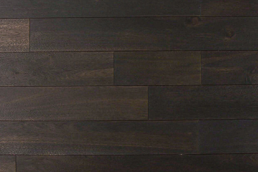 "Photo of Indo Acacia Wirebrushed Solid Hardwood Flooring in Simply Black. Each plank is 3/4 x 4.75 inches. SKU: TRPSH-IASB."