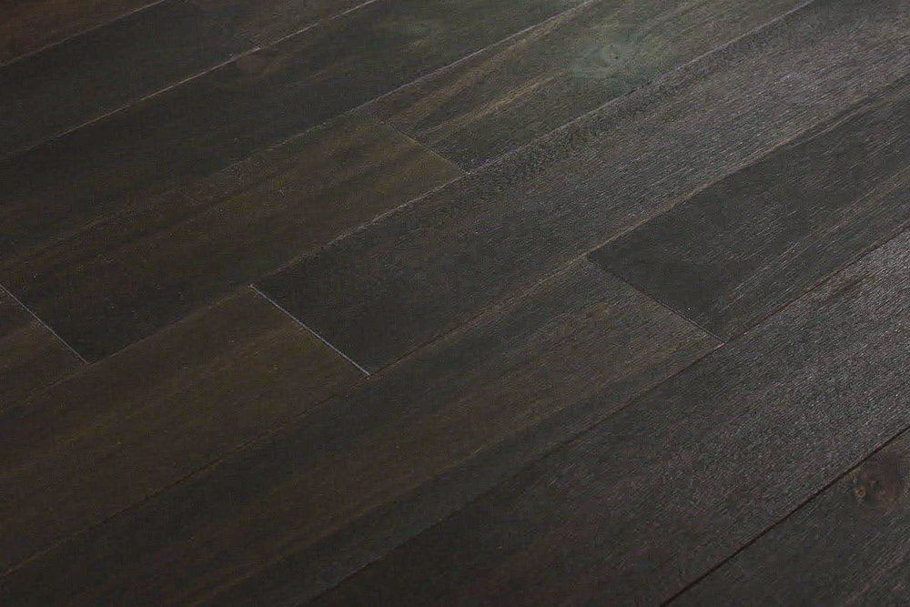 "Photo of Indo Acacia Wirebrushed Solid Hardwood Flooring in Simply Black. Each plank is 3/4 x 4.75 inches. SKU: TRPSH-IASB."