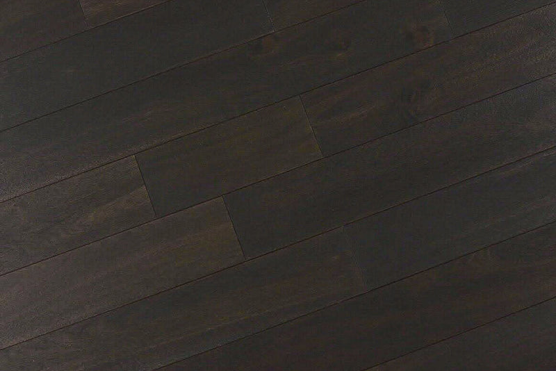 "Photo of Indo Acacia Wirebrushed Solid Hardwood Flooring in Simply Black. Each plank is 3/4 x 4.75 inches. SKU: TRPSH-IASB."