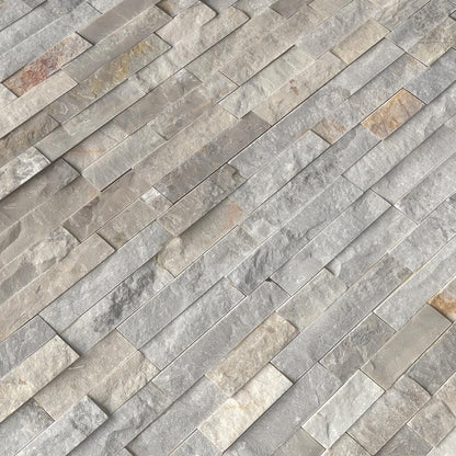 Sunset silver splitface ledger panel 6X24 natural quartzite wall tile LPNLQSUNSIL624 product shot multiple tiles angle view