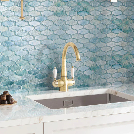 Aqua 11x12 Matte Elongated Hexagon Glass Mosaic Tile (10 pack, 8.6 sq ft/case) - Sample