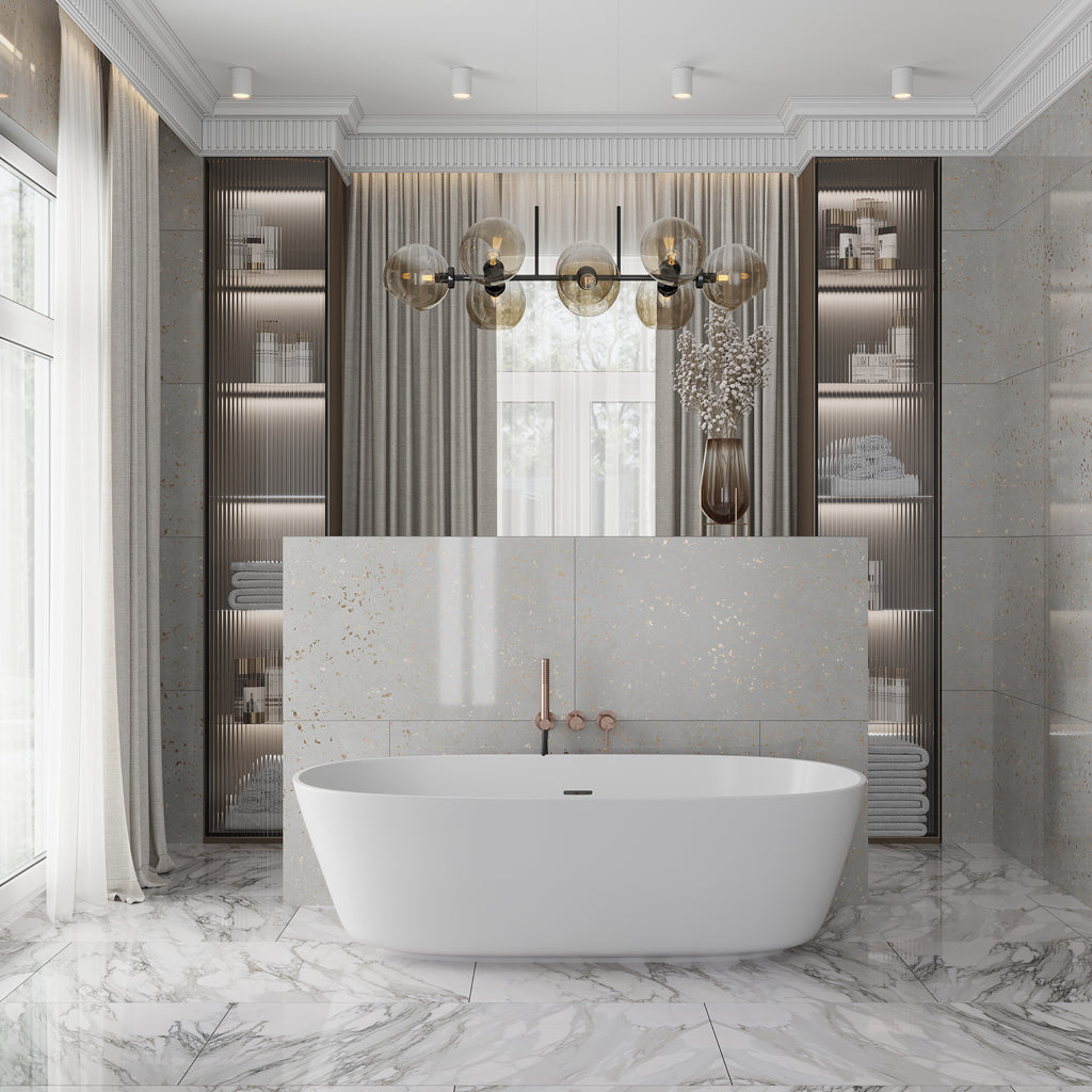 Warm Gray with Gold Flecks 24x48 Polished Square Porcelain Large Format Tile (2 pack, 15.49 sq ft/case)