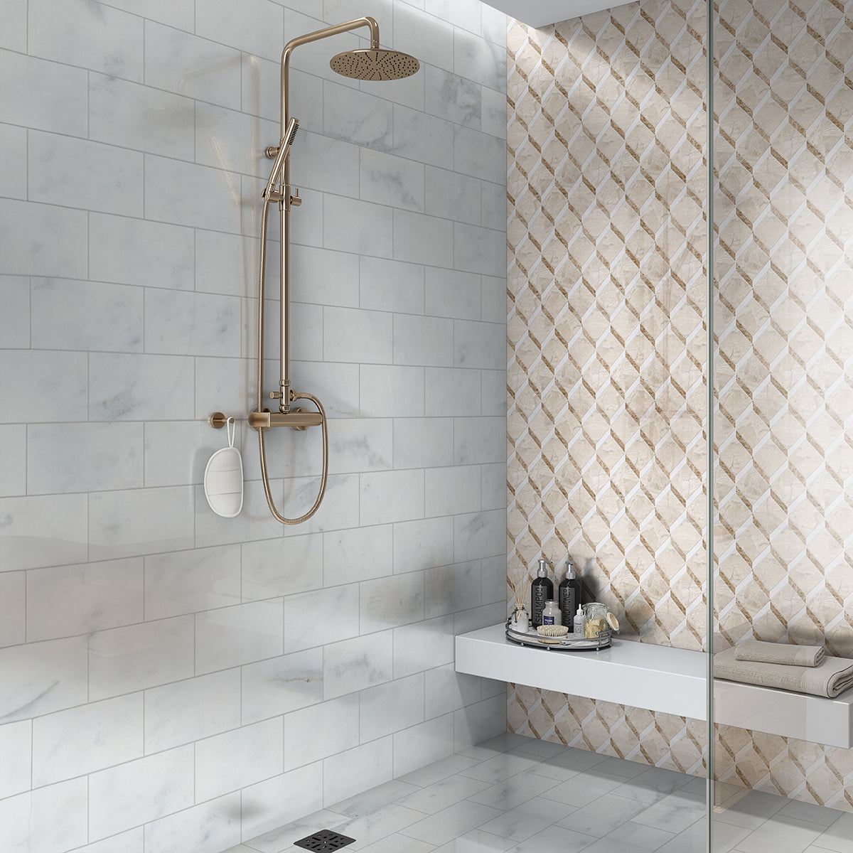 Bianco Dolomite, Emperador Light, Royal Beige Multi Finish Steps 3d Marble Mosaic