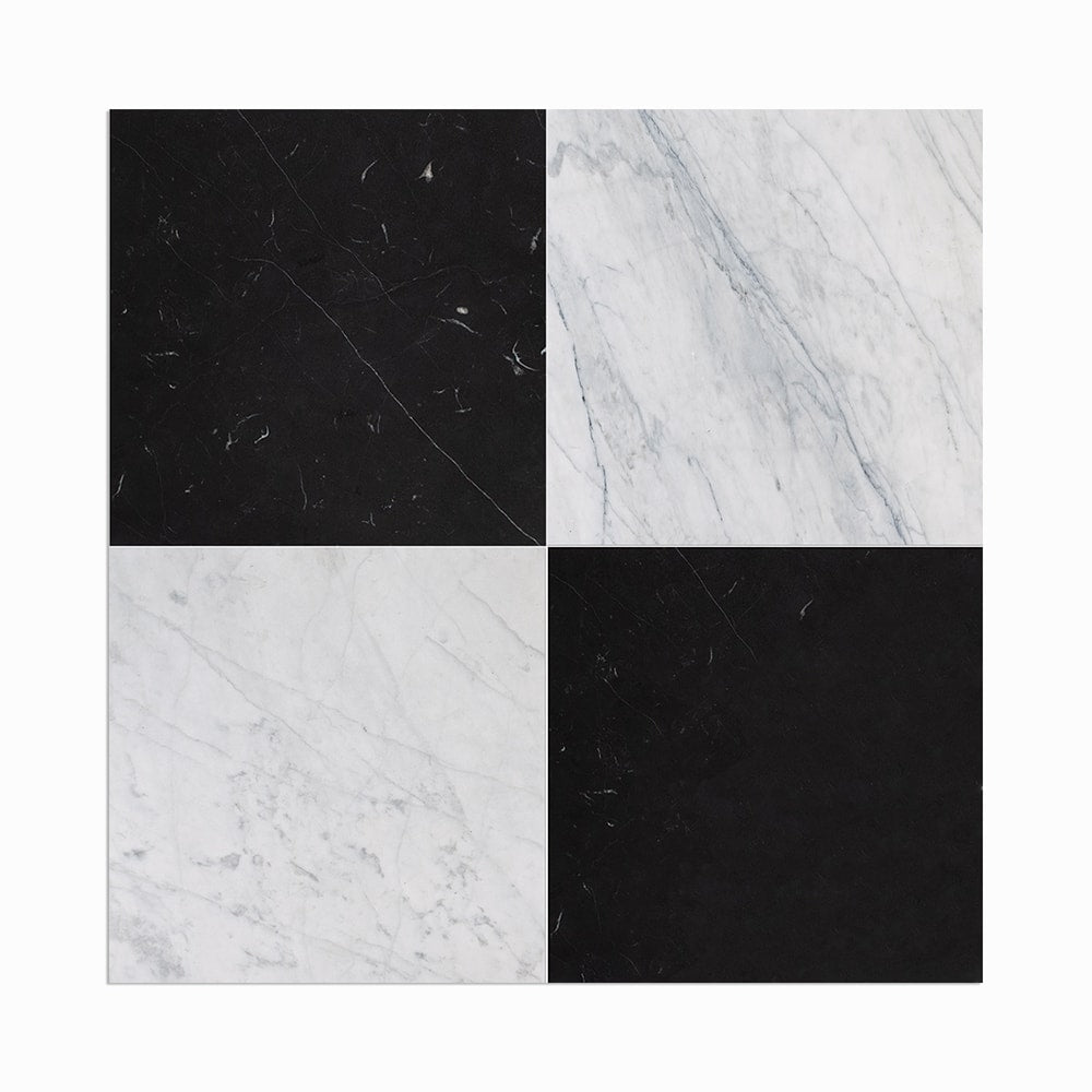 Black, Carrara T Honed Checkerboard Pattern Marble Tile