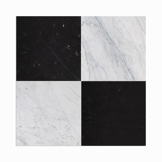 Black, Carrara T Honed Checkerboard Pattern Marble Tile