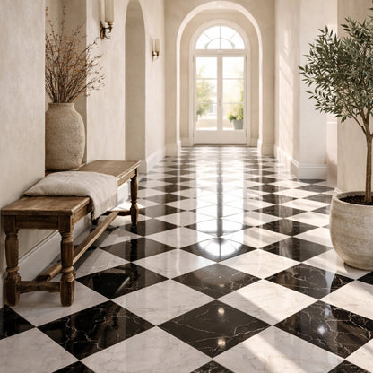 Black, Carrara T Honed Checkerboard Pattern Marble Tile