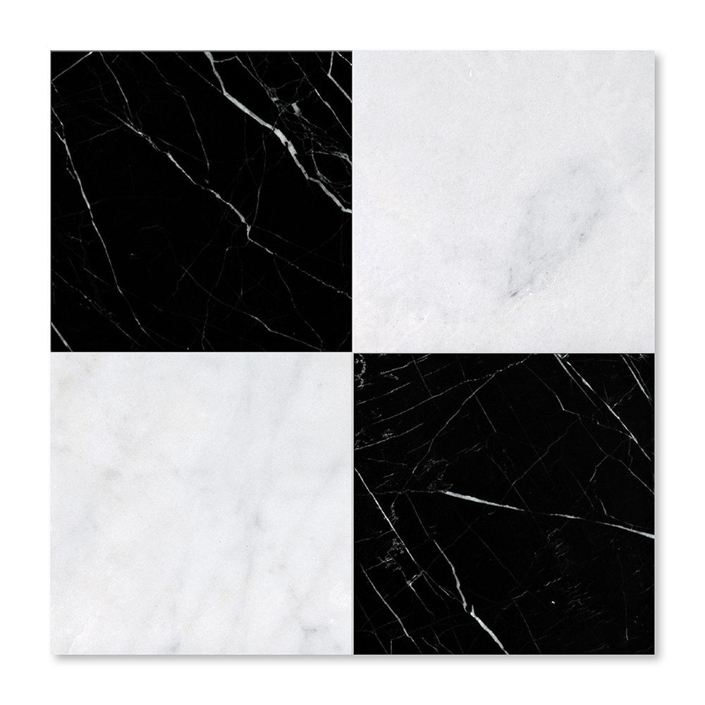 Black, Carrara T Polished Checkerboard Pattern Marble Tile
