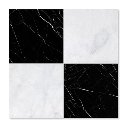 Black, Carrara T Polished Checkerboard Pattern Marble Tile