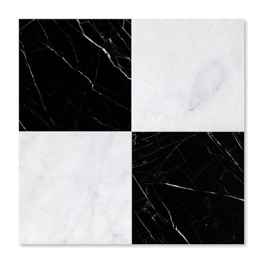Black, Carrara T Polished Checkerboard Pattern Marble Tile