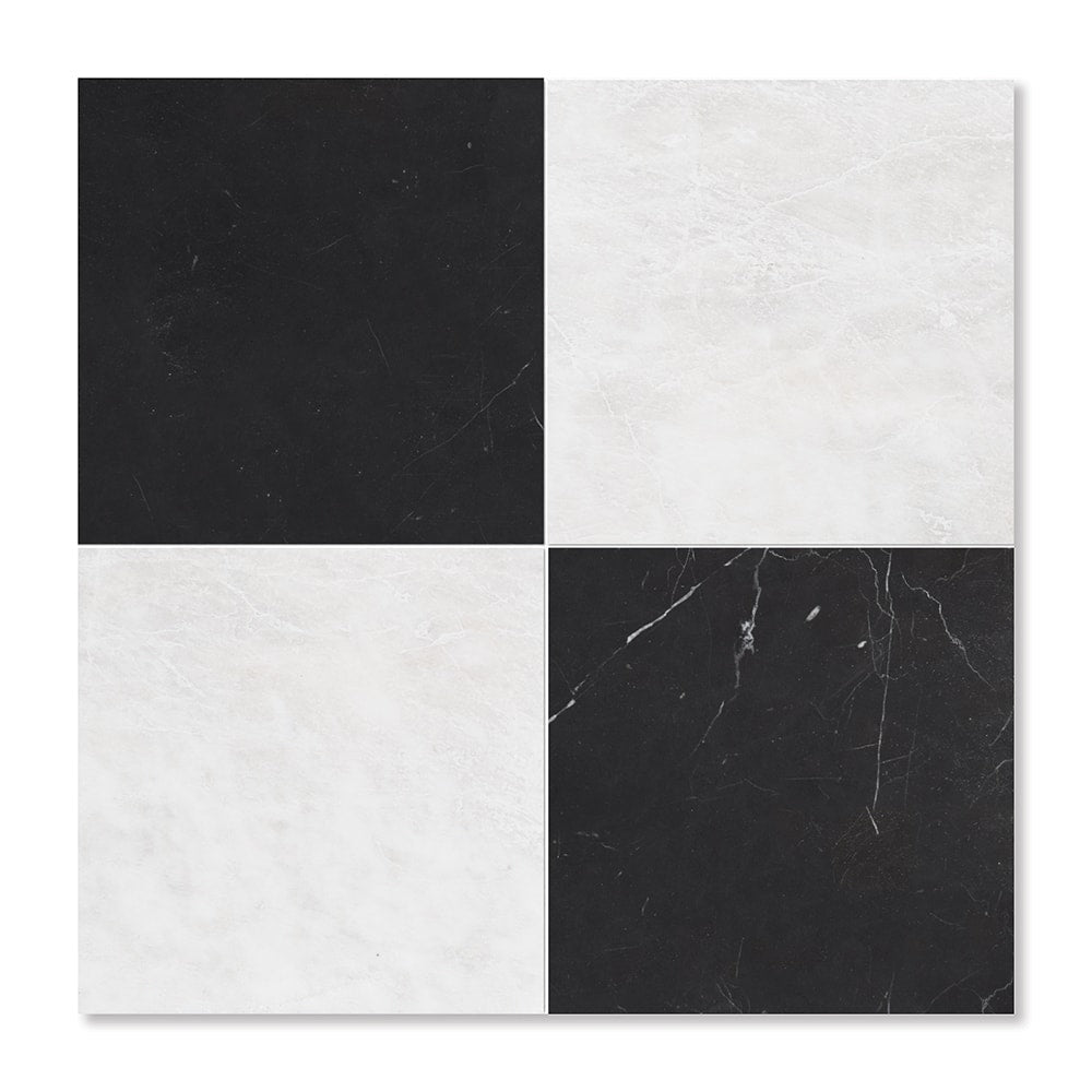 Black, Siberian White Honed Checkerboard Pattern Marble Tile