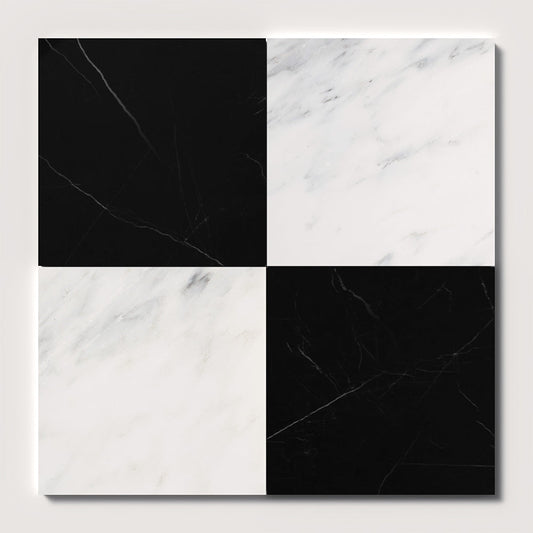 Bella White, Black Polished Checkerboard Pattern Marble Tile