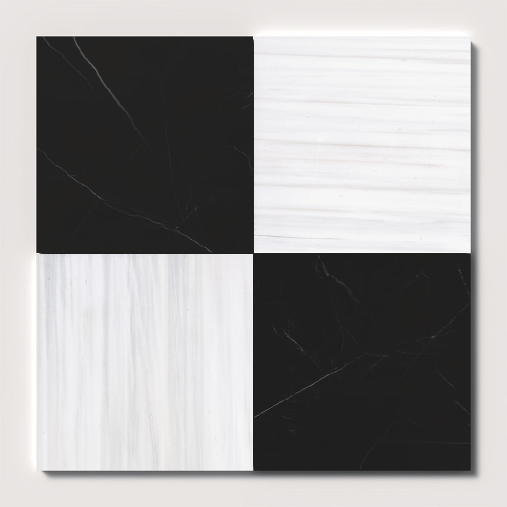Bianco Dolomiti, Black Honed Checkerboard Pattern Marble Tile