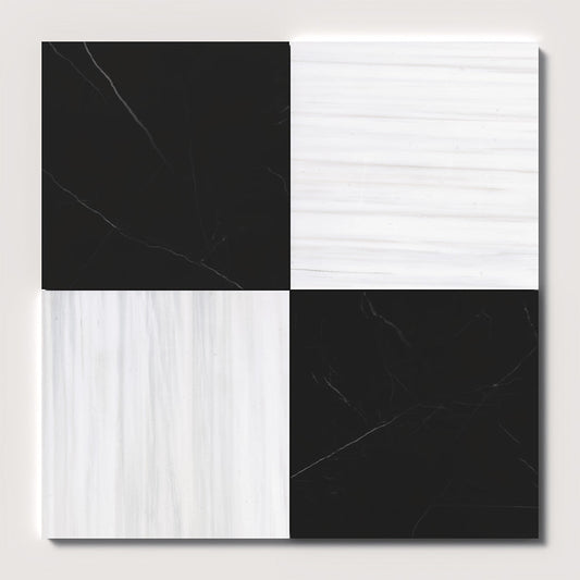 Bianco Dolomiti, Black Honed Checkerboard Pattern Marble Tile