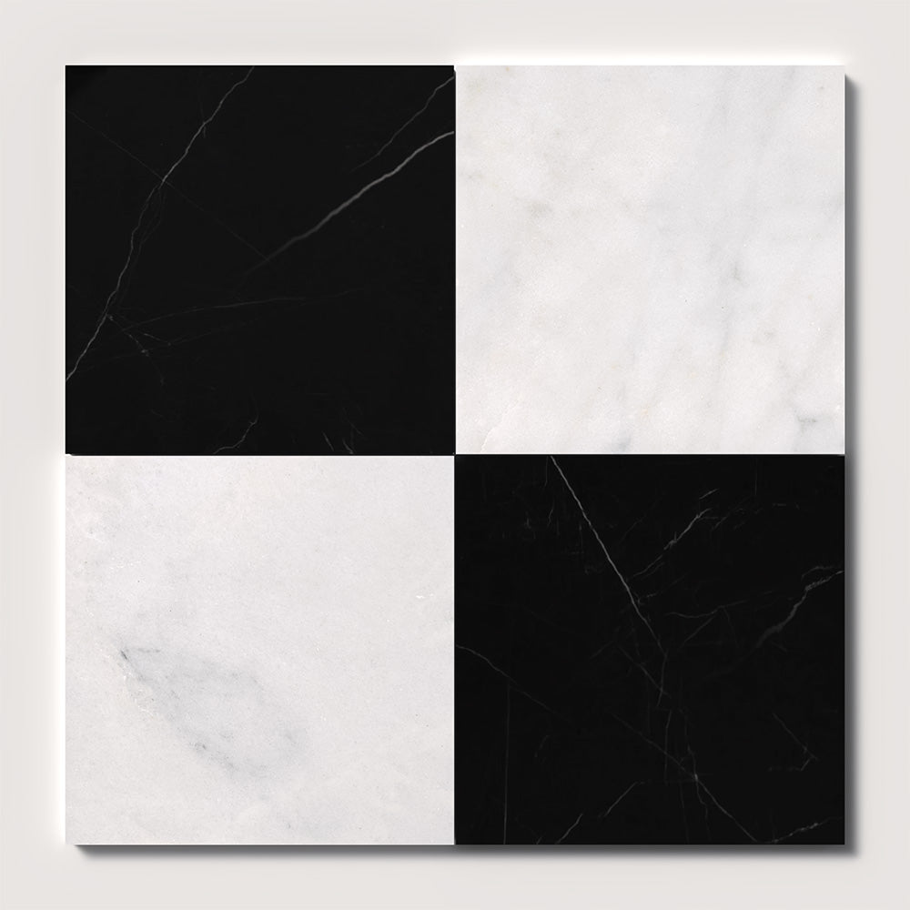 Black, Carrara T Polished Checkerboard Pattern Marble Tile