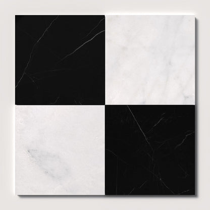 Black, Carrara T Polished Checkerboard Pattern Marble Tile