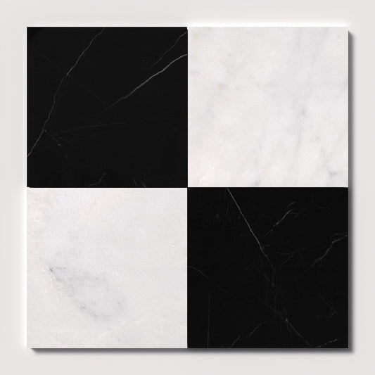 Black, Carrara T Polished Checkerboard Pattern Marble Tile