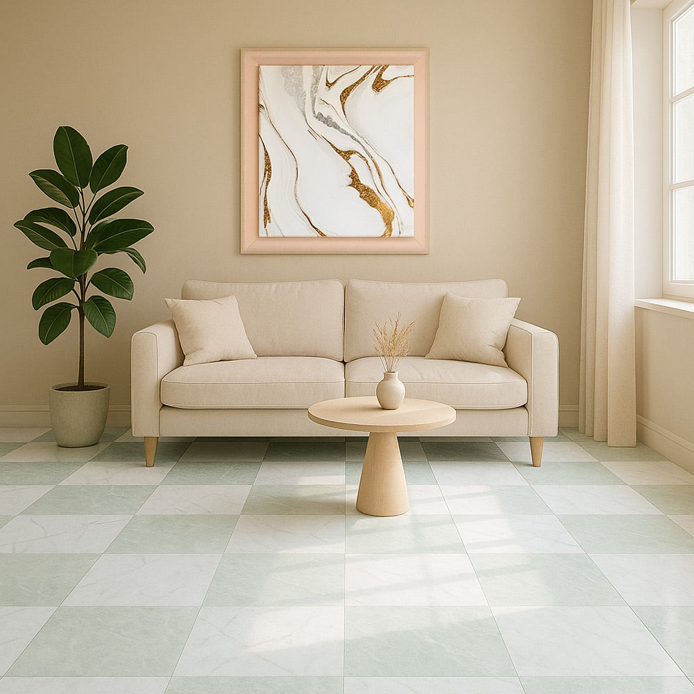 Ming Green, Thassos Extra Polished Checkerboard Pattern Marble Tile