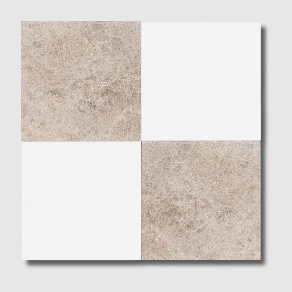 Sky Blue, Thassos Extra Honed Checkerboard Pattern Marble Tile