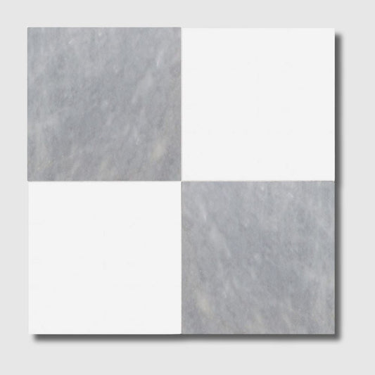 Bardiglio Light, Thassos Extra Honed Checkerboard Pattern Marble Tile