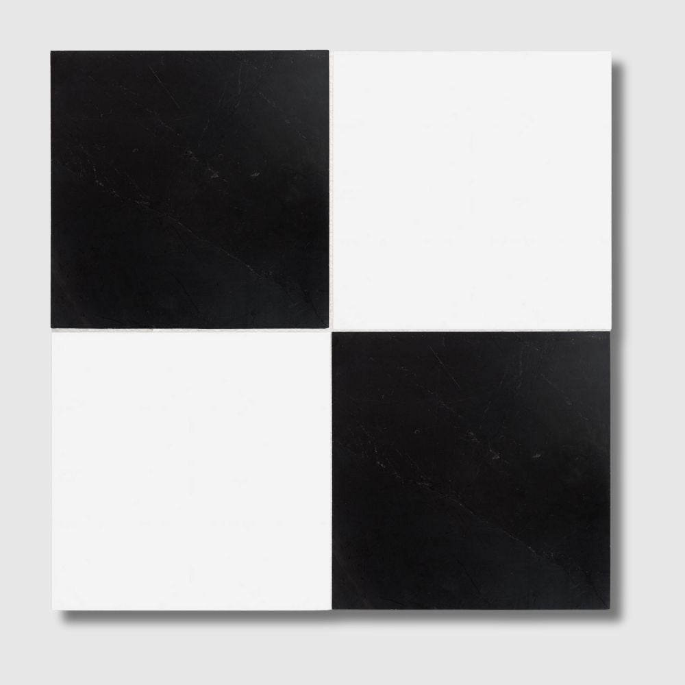 Black, Thassos Extra Honed Checkerboard Pattern Marble Tile