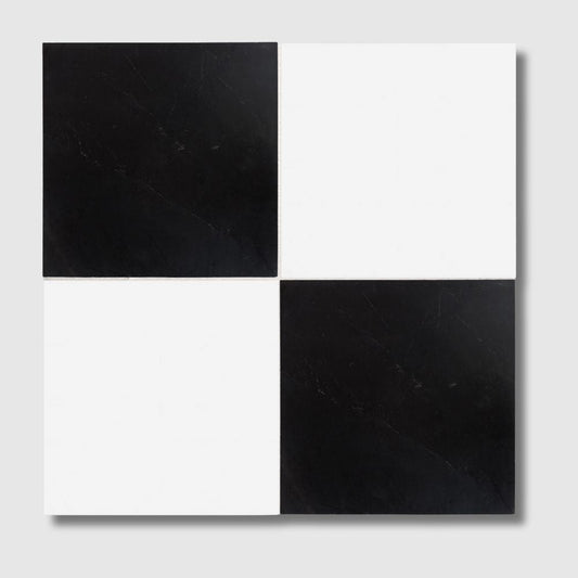 Black, Thassos Extra Honed Checkerboard Pattern Marble Tile