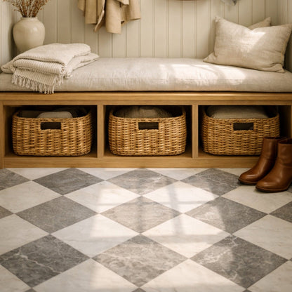 Athens Grey Light, Thassos Extra Honed Checkerboard Pattern Marble Tile